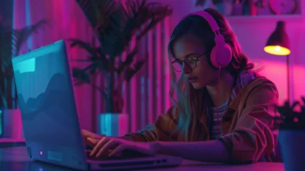 A woman researching salon and spa business listings on a laptop to read real customer experiences and find the best beauty services in India.