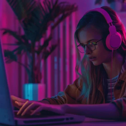 A woman researching salon and spa business listings on a laptop to read real customer experiences and find the best beauty services in India.