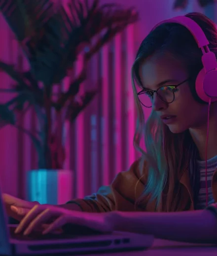 A woman researching salon and spa business listings on a laptop to read real customer experiences and find the best beauty services in India.